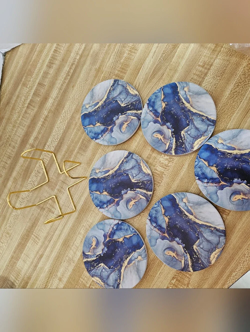 Set 6 Blue Gold Marble Look Round Coasters w Gold Metal Holder New Open Box